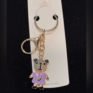 BAG CHARM Mint Purple Enamel Clear Crystal Bear Keychain Purse Charm 4 inch